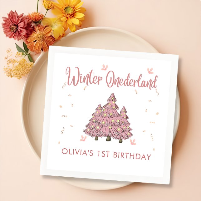 Guardanapo De Papel Pink Winter Onederland Árvore de Natal Aniversário (Criador carregado)