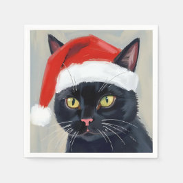 Guardanapo De Papel Pintura de Natal de Gato Preto Chapéu de Papai Noe