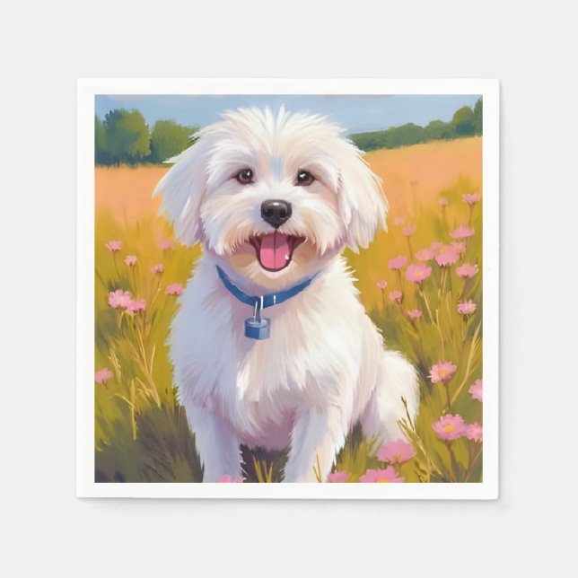 Guardanapo De Papel Pintura do Campo de Flores do Cão Maltês (Frente)