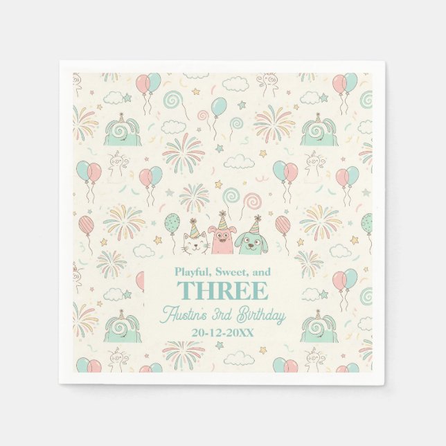 Guardanapo De Papel Playful Sweet and Three Kids Birthday  (Frente)