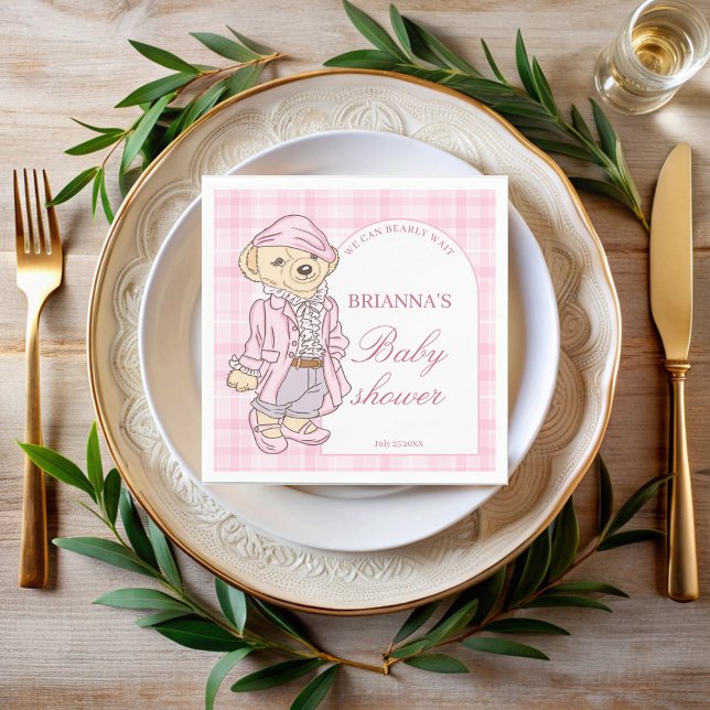 Guardanapo De Papel Podemos esperar um monograma cor-de-xadrez rosa (We can bearly wait pink plaid teddy bear baby shower monogrammed printed napkins personalized decor)