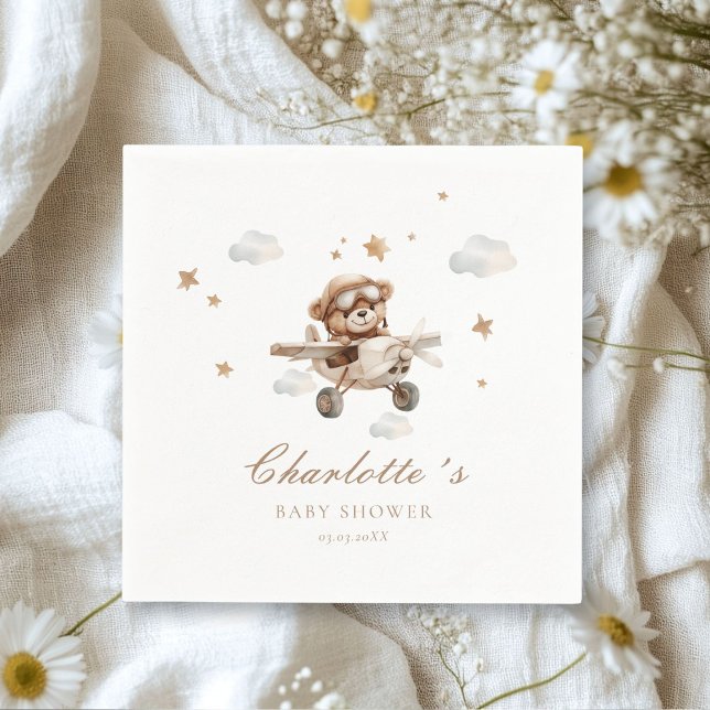 Guardanapo De Papel Podemos Esperar! Urso De Teddy E Avião (We Can Bearly Wait! Teddy Bear & Airplane White Napkins. Personalized with your name & date.)