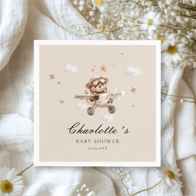 Guardanapo De Papel Podemos Esperar! Urso De Teddy E Avião (We Can Bearly Wait! Teddy Bear & Airplane Beige Napkins. Personalized with your name & date.)