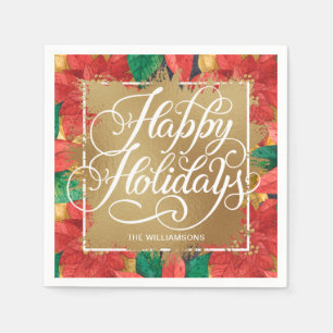 Guardanapo De Papel Poinsettia Dourada Faux Foil Happy Holidays