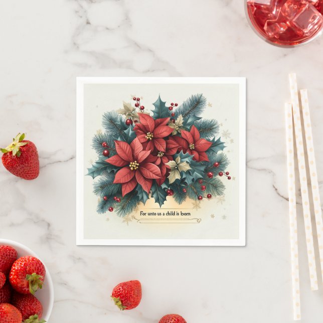 Guardanapo De Papel Poinsettia Festiva Bíblia de Natividade Verdadeira (Insitu)