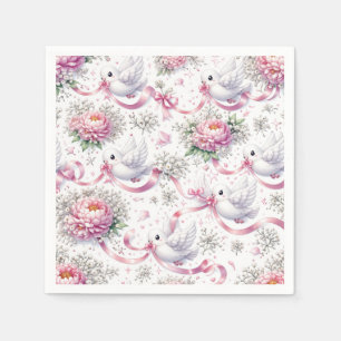 Guardanapo De Papel Pombas de Casamento com Peônias Rosa e Fitas
