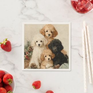 Guardanapo De Papel Poodle Puppies Vintage Christmas