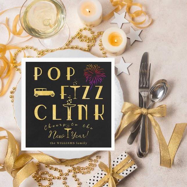Guardanapo De Papel Pop Fizz Clink Gold Typograpy Modern New Years Eve (Pop Fizz Clink Gold Modern Typography New Year's Eve Gatsby Theme 1920s Old Money Party Napkins)