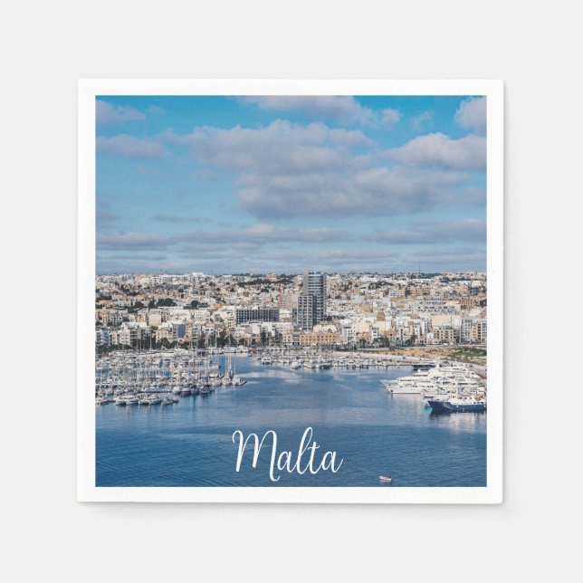 Guardanapo De Papel Porto de Sliema com edifícios modernos e barcos (Frente)