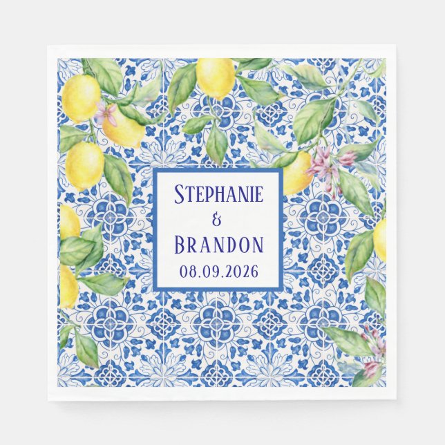 Guardanapo De Papel Portuguese Tiles Lemons Mediterranean Wedding (Frente)