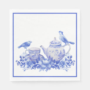Guardanapo De Papel Pote Floral Azul e Branco com Aves