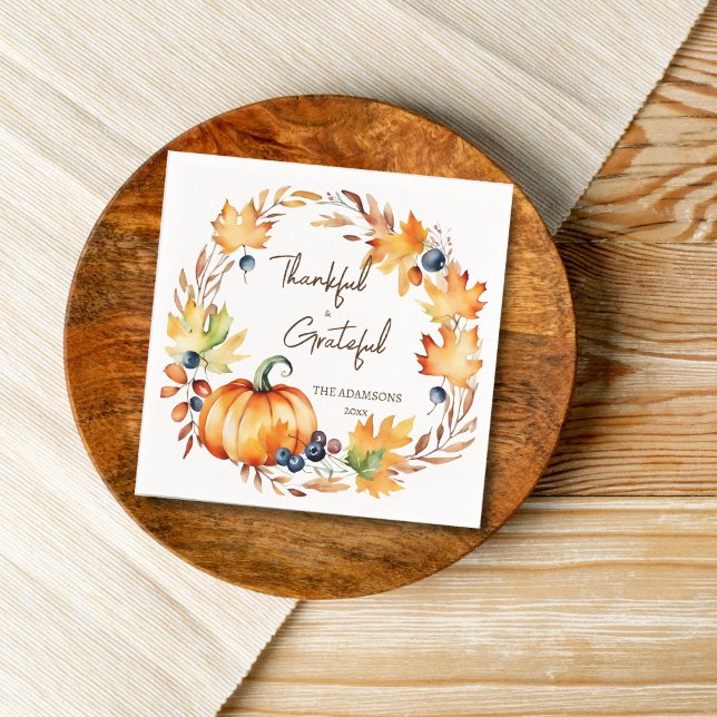 Guardanapo De Papel Pote Luck Ação de Graças jante panfleto (Thanksgiving Pot luck dinner party tableware personalized plates watercolor pumpkin wreath  )
