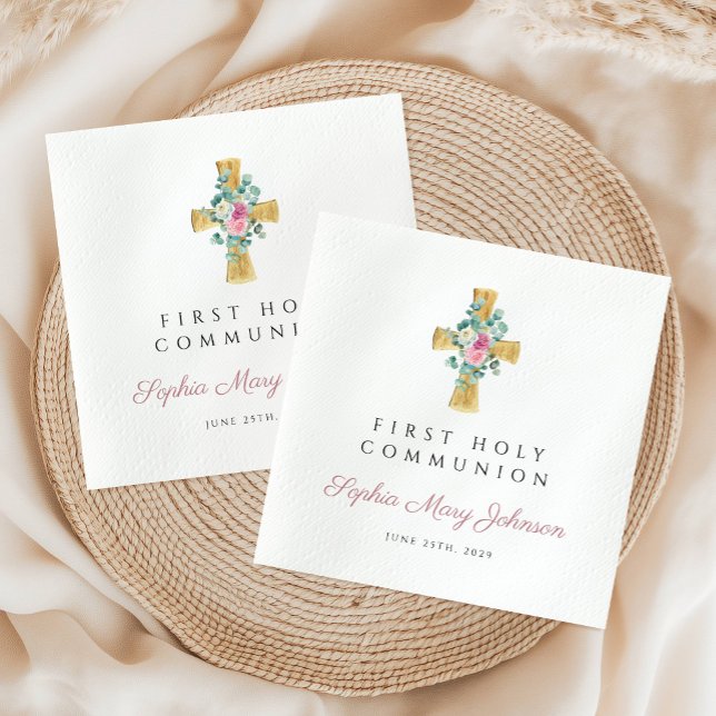 Guardanapo De Papel Povos Florais Rosa Cruzando Primeira Comunhão (Pink Floral Peonies Cross First Communion Napkins)