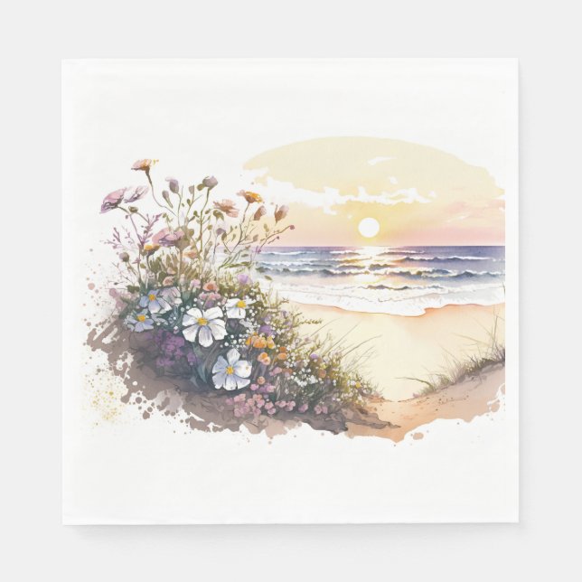 Guardanapo De Papel Praia Oceânica de Aquarela com Flores (Frente)