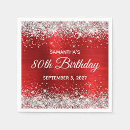 Guardanapo De Papel Prata Brilho Vermelho Folha 80º Aniversário