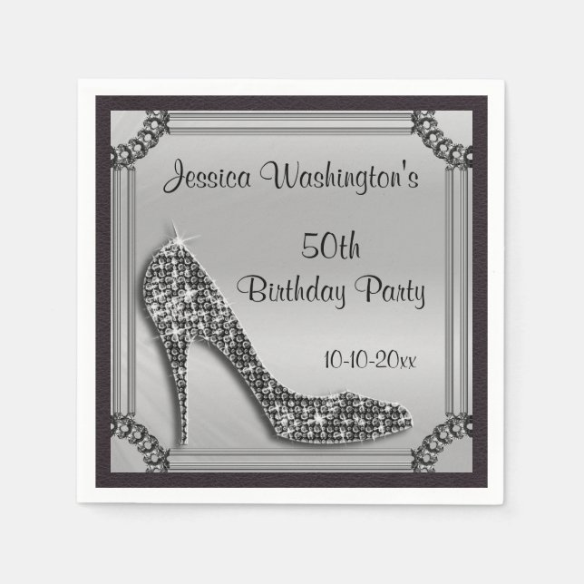 Guardanapo De Papel Prata Elegante Enquadrou Black Stiletto 50º Aniver (Frente)