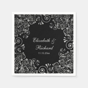 Guardanapo De Papel Prata floral do casamento e recepção preta