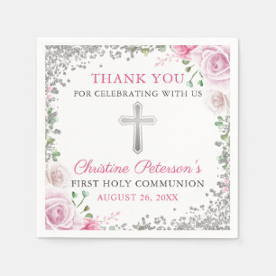 Guardanapo De Papel Prata Floral Rosa Brilhante Primeira Comunhão Sag