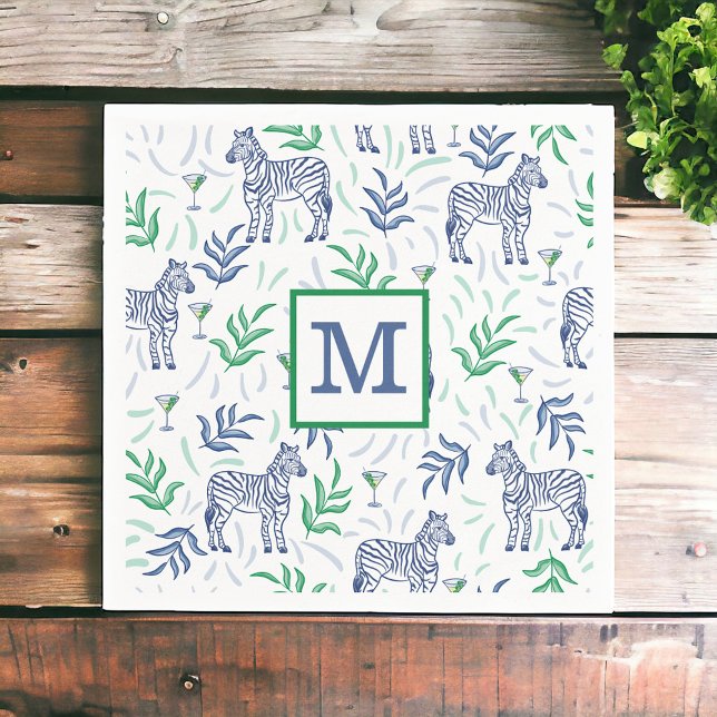 Guardanapo De Papel Preppy Navy Zebra Martinis Monograma Branco  (Criador carregado)