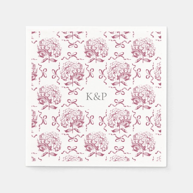 Guardanapo De Papel Preppy Pink Toile Hydrangea Arco com Nome (Frente)