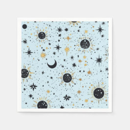 Guardanapo De Papel Preto, Dourado e Azul Sol Lua Estrelas Celestiais