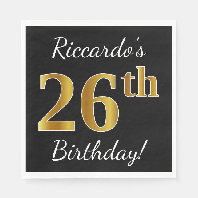 Guardanapo De Papel Preto, Faux Dourado 26º Aniversário + Nome Persona (Frente)