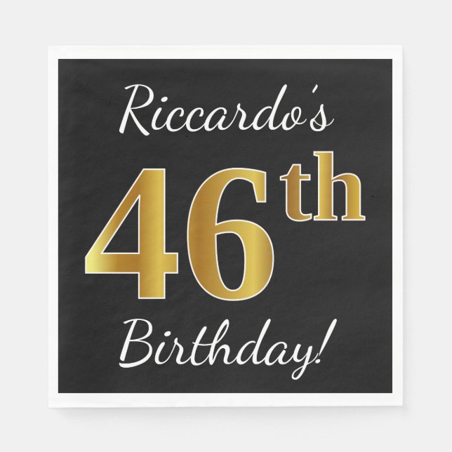 Guardanapo De Papel Preto, Faux Dourado 46º Aniversário + Nome Persona (Frente)