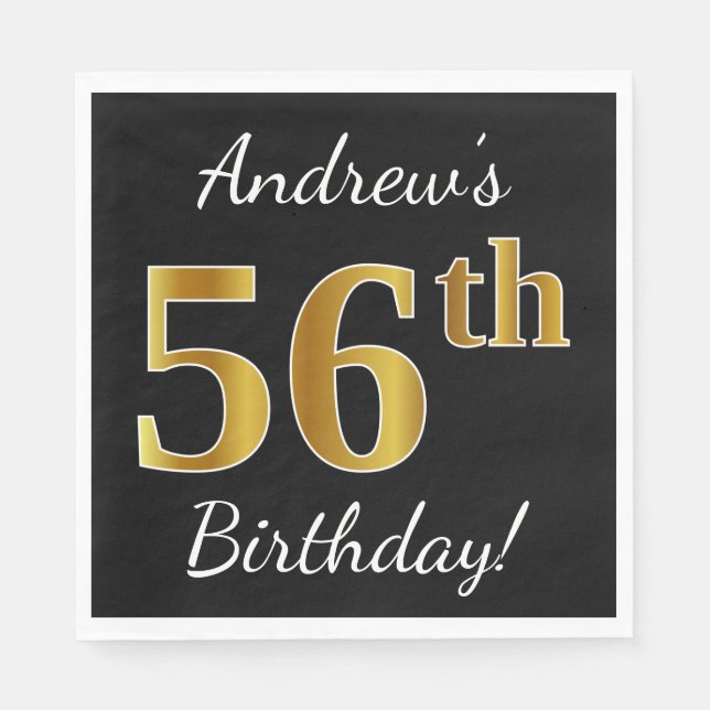 Guardanapo De Papel Preto, Faux Dourado 56º aniversário + Nome persona (Frente)