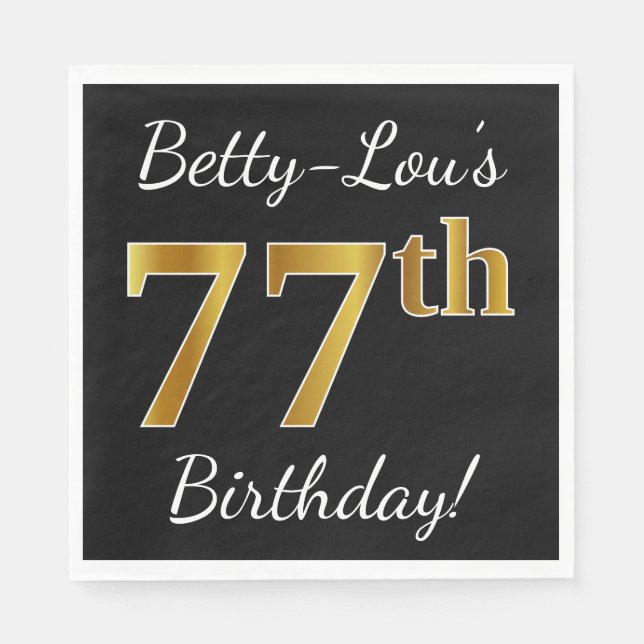 Guardanapo De Papel Preto, Faux Dourado 77.º Aniversário + Nome Person (Frente)
