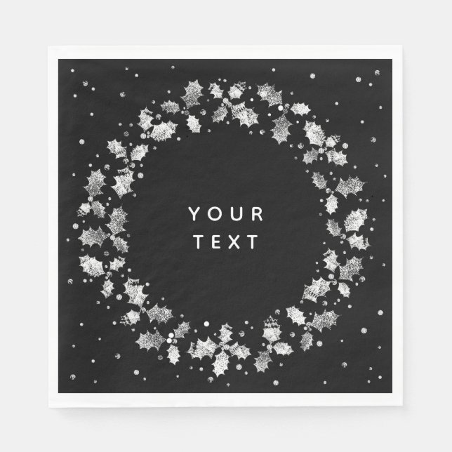 Guardanapo De Papel Preto + Mão Branca Impresso Holly Wreath Natal (Frente)