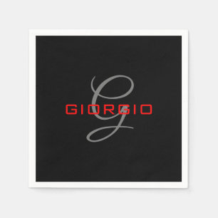Guardanapo De Papel Preto Vermelho Seu Nome Monograma Inicial Moderno