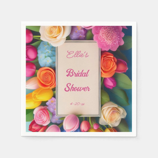 Guardanapo De Papel Pretty Floral Framed Roses Tulips Hydrangea Event  (Frente)
