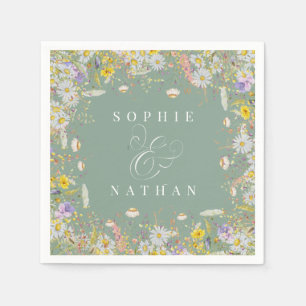 Guardanapo De Papel Primavera Summer Wildflower Sage Green Boho Napkin