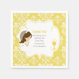 Guardanapo De Papel Primeira Comunhão Brunette Girl Dourada Damask