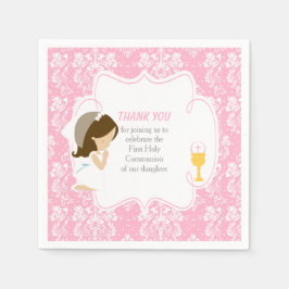 Guardanapo De Papel Primeira Comunhão Brunette Girl Pink Damask