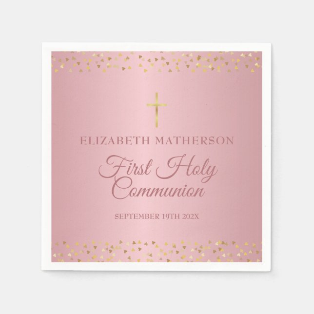 Guardanapo De Papel Primeira Comunhão Corações em Dourado Rosa (Frente)