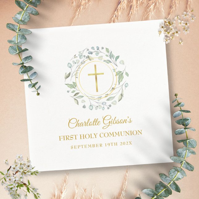 Guardanapo De Papel Primeira Comunhão Cruz Dourada Folhagem (First Holy Communion Gold Cross Greenery Napkins)