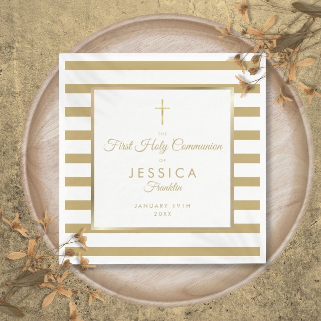 Guardanapo De Papel Primeira Comunhão Cruz Dourada Listrada (Gold Cross Stripe First Holy Communion Napkins)