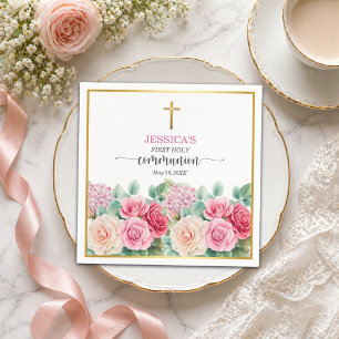 Guardanapo De Papel Primeira Comunhão da Menina Cruz Dourada Rosas Flo