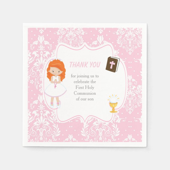 Guardanapo De Papel Primeira Comunhão de Cabelos Vermelhos Obrigado (Frente)