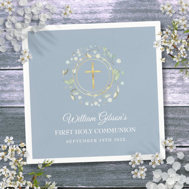 Guardanapo De Papel Primeira Comunhão Dourada Greenery Dusty Blue (First Holy Communion Gold Greenery Dusty Blue Napkins)