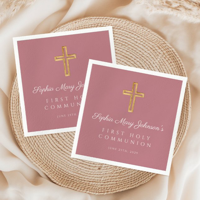Guardanapo De Papel Primeira Comunhão Elegante de Rapariga Religiosa R (Elegant Pink Religious Cross Girl First Communion Napkins)