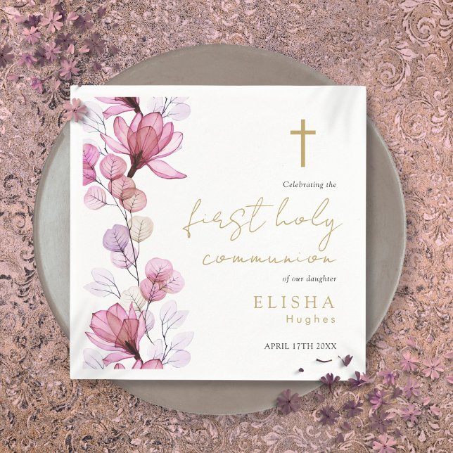 Guardanapo De Papel Primeira Comunhão Floral Rosa Elegante (Elegant Pink Floral First Holy Communion Napkins)