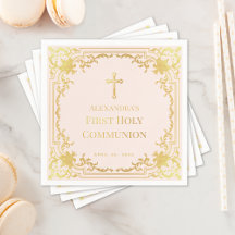 Primeira Comunhão Menina Rosa Bege Faux Cruz Doura