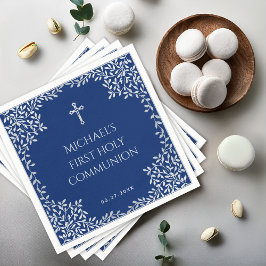 Guardanapo De Papel Primeira Comunhão Menino Cruz de Folhas Prateadas 