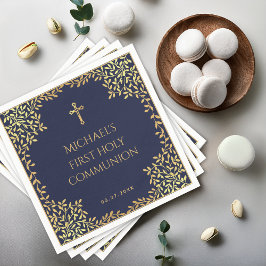 Guardanapo De Papel Primeira Comunhão Menino Folhas Douradas Azul Mari