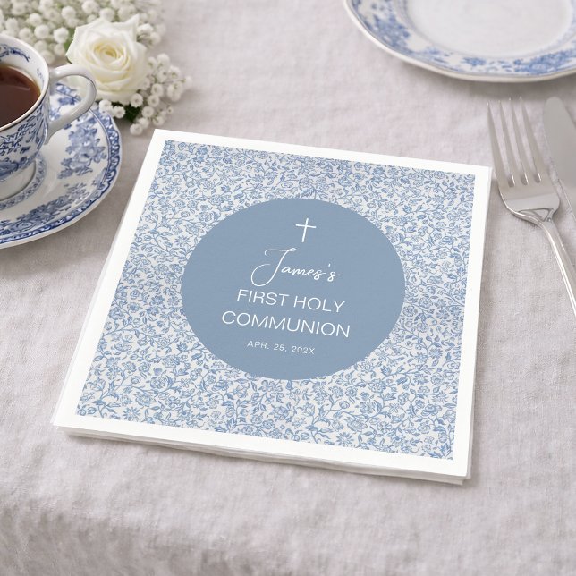 Guardanapo De Papel Primeira Comunhão Menino Padrão Floral Azul e Bran (Criador carregado)
