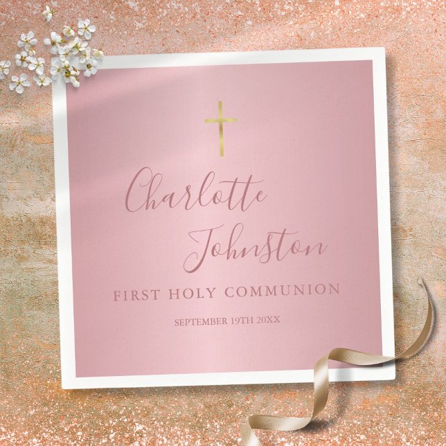 Guardanapo De Papel Primeira Comunhão Rosa Dourado Moderno (First Holy Communion Modern Rose Gold Pink Napkins)