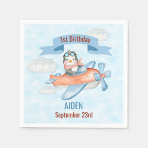 Guardanapo De Papel Primeiro aniversario Azul do Avião Pinguim