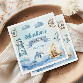 Guardanapo De Papel Primeiro aniversario Azul Náutico de Barcos Ahoy S